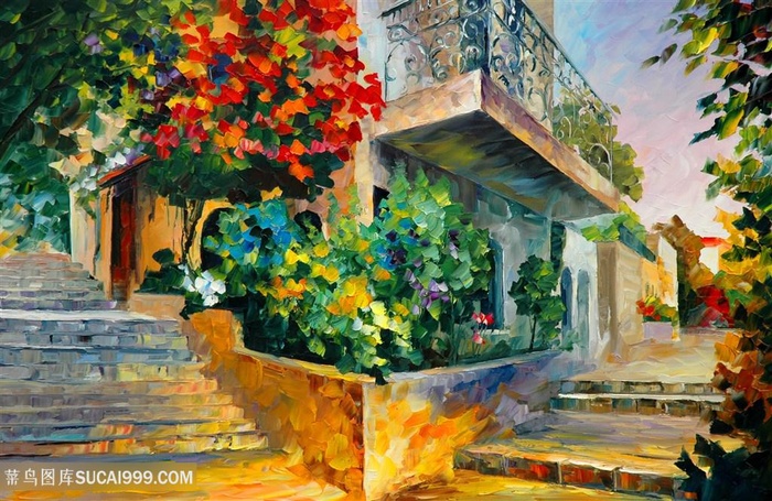 唯美乡村建筑油画美景插画装饰画