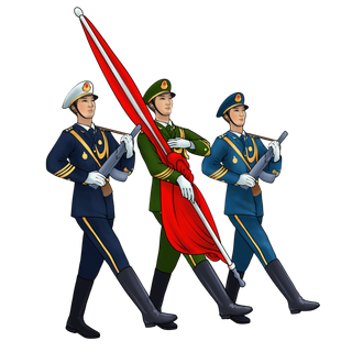 建军节三个准备升红旗的军人