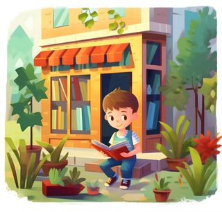 书店图书馆门口男孩在看书绿色植物背景