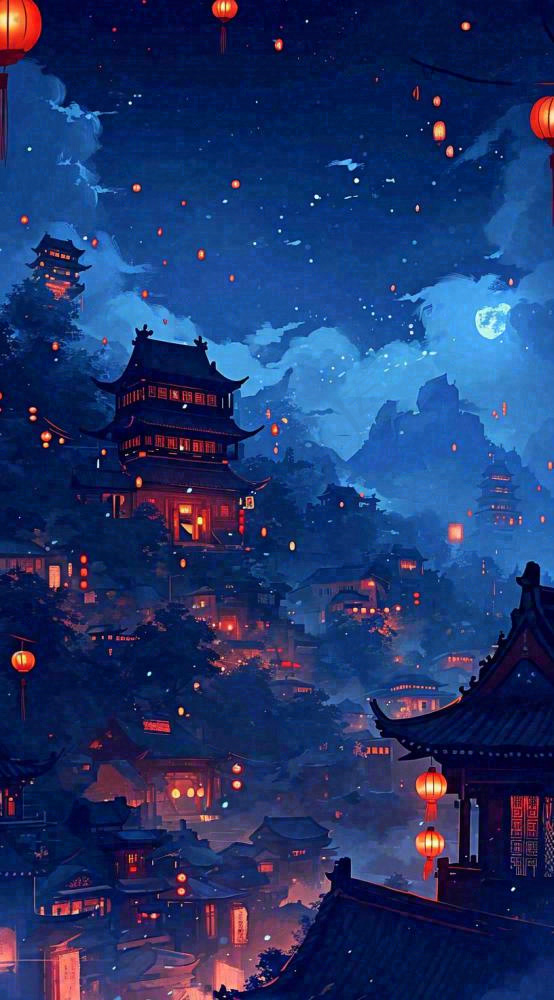 夜晚夜景月亮国风建筑灯笼星空浪漫，恐怖悬疑(816x1472)