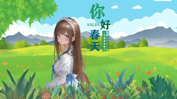你好春天可爱女孩春日手绘插画壁纸海报-远山