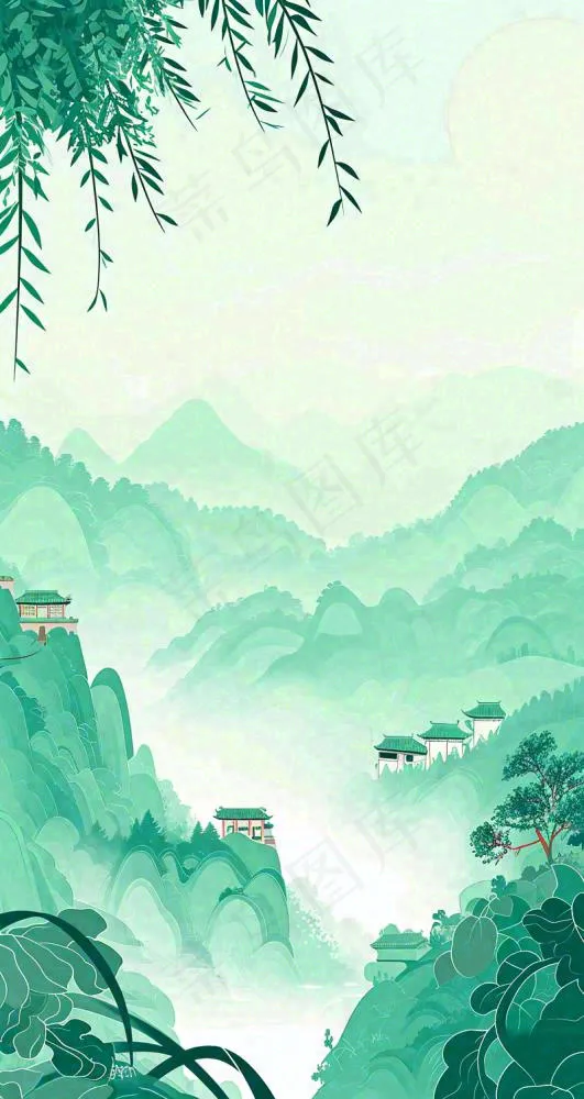 国风意境山水画落日绿色(800x1504)