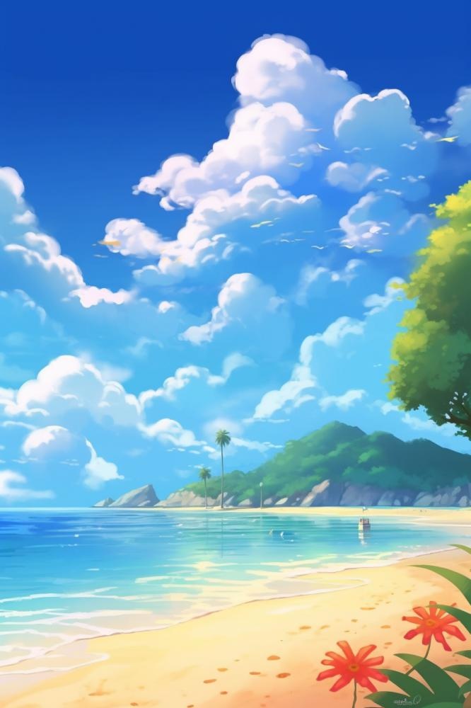 夏日清新阳光沙滩海浪蓝色插画背景