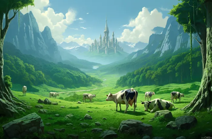 一群奶牛和山羊在山上的绿色草地上插画背景(4080x2688)