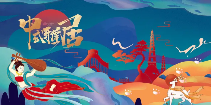 中国风国潮敦煌飞天仙女壁画房地产招聘艺术宣传海报PSD素材