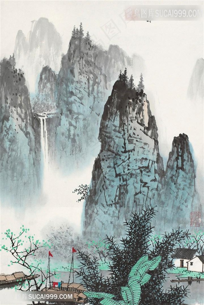 白雪石水墨山脉风景画装饰画艺术挂画