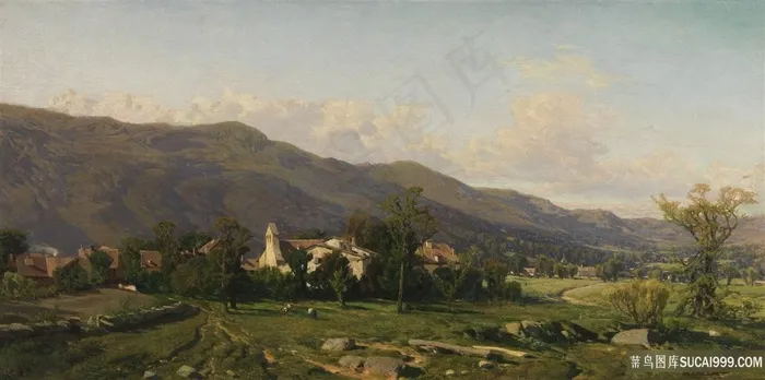 山脉人物唯美风景画油画