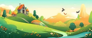 春夏森林山坡草地花草鸟绿植风景插画海报素材背景