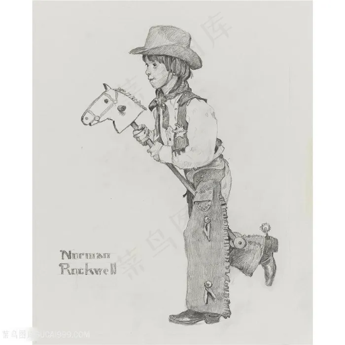 诺曼 · 洛克威尔手绘素描戴帽子男孩装饰画