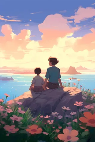 长辈父亲和孩子坐着看落日晚霞浪漫背景