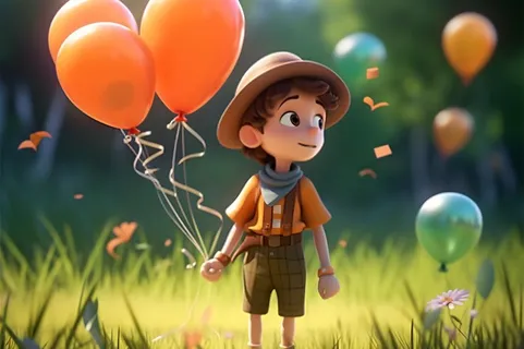 拿着气球的男孩阳光森林草地背景