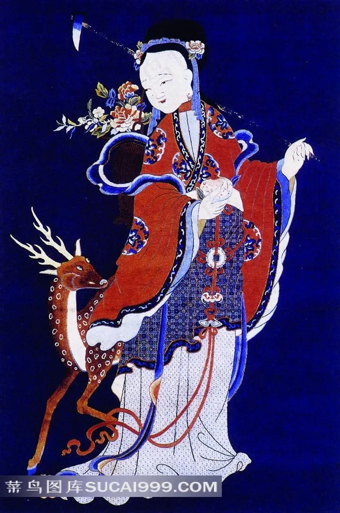 麋鹿孩童刺绣图案素材