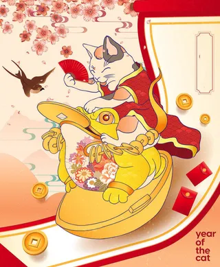 手绘猫年财神猫背景