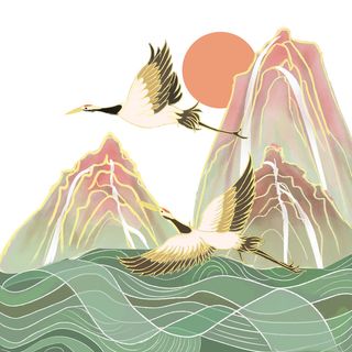 中国风国潮山水插画祥云中式手绘烫金线条元素png装饰背景PSD素材