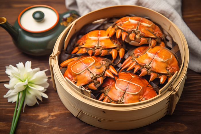 餐桌蒸笼屉里的螃蟹和茶壶摄影图(4032x2688)