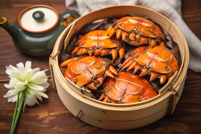 餐桌蒸笼屉里的螃蟹和茶壶摄影图(4032x2688)
