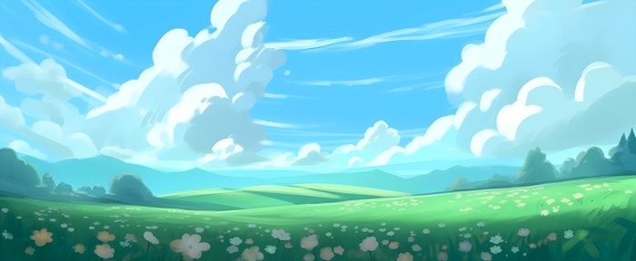春天蓝天白云草原绿色树草地手绘插画海报素材背景(6848x2816)