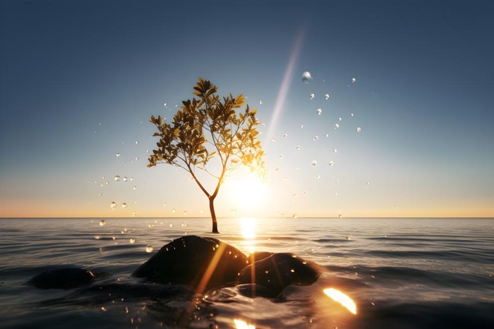 光照折射海面树枝浪花背景(3600x2400)