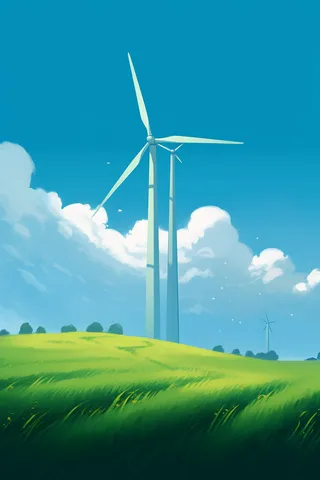 夏日草原风车蓝天白云卡通插画素材