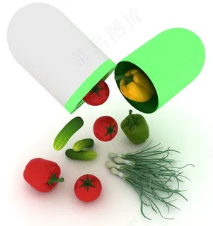 红色的胶囊和蔬菜