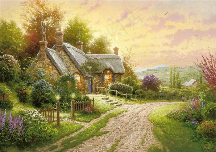 夕阳夜晚小路森林小屋风景油画