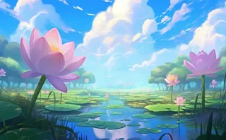 夏日荷花池塘天空插画背景