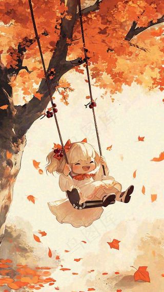 秋天秋叶树下卡通女孩荡秋千手绘插画，唯美落叶
