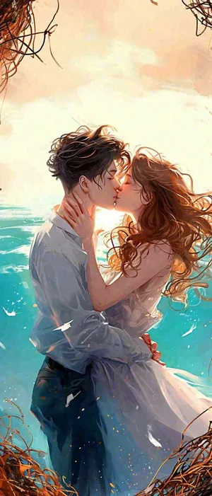 情人节情侣海上拥吻亲吻，爱情唯美落日海景