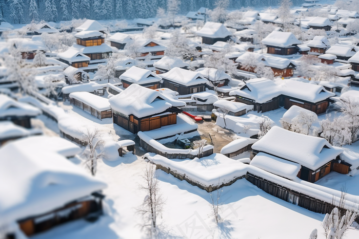 冬天白雪覆盖的小村庄雪景摄影图(4032x2688)