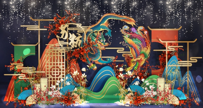 新中式国潮古风意境婚礼迎宾区效果图