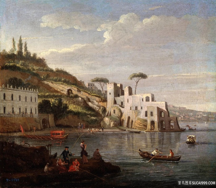 水上建筑油画风景画