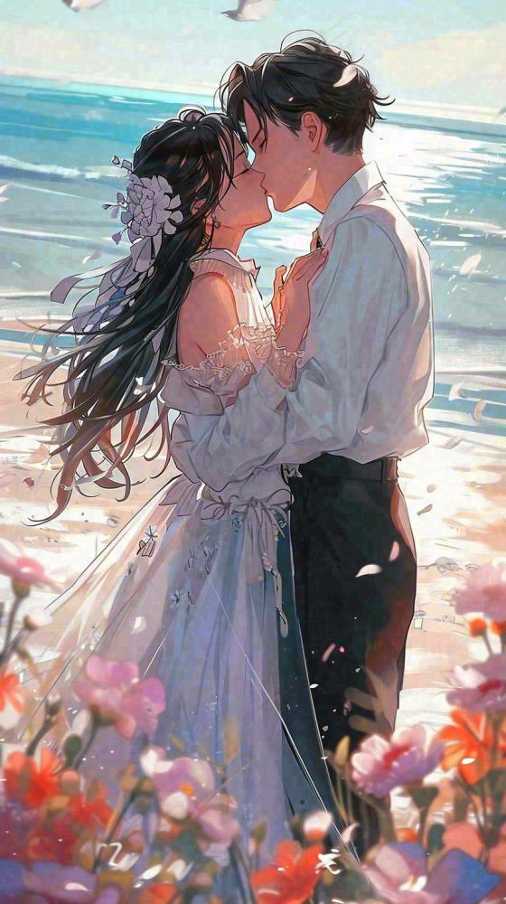 海边阳光沙滩情侣婚纱照爱情甜蜜情人节手绘插画(816x1456)