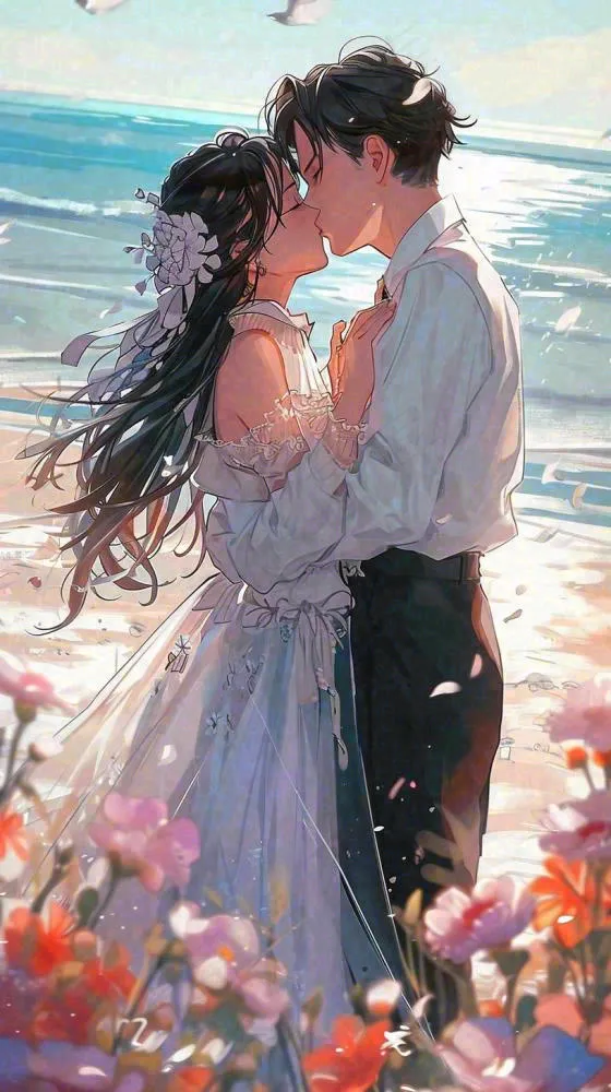 海边阳光沙滩情侣婚纱照爱情甜蜜情人节手绘插画(816x1456)