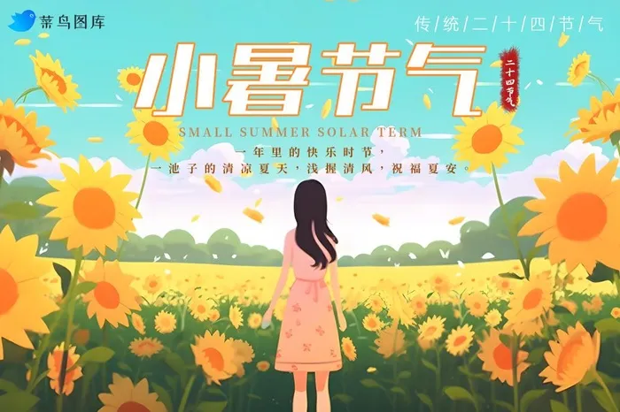 小暑节气向日葵花女孩背影插画海报(3000x2000)psd模版下载