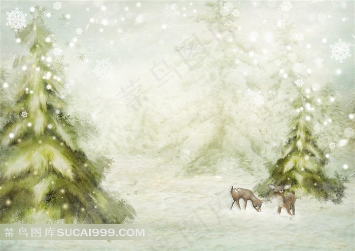 手绘冬季下雪森林美景高清图片