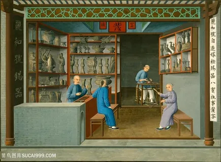 古代锑器集市贸易场景绘画图片