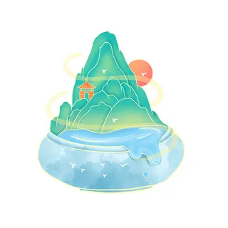 时尚微景观山水装饰庭院祥云中式国潮风插图插画元素素材设计模板