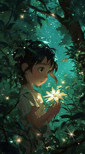 丛林里发着光的人，绿叶树林星光手绘插画