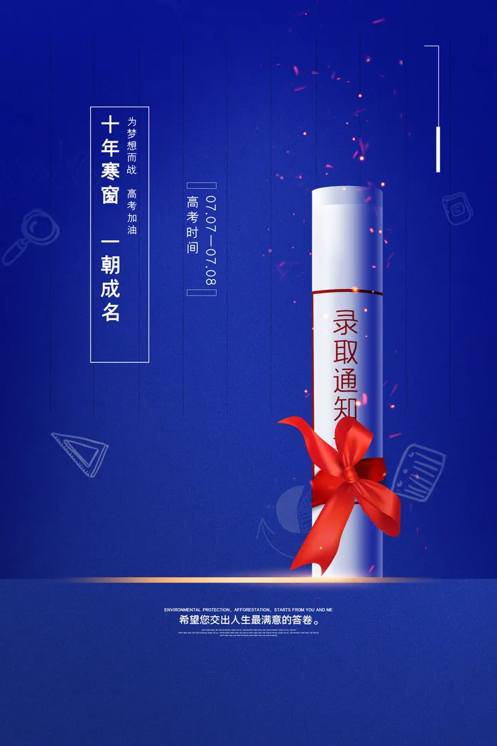 蓝色创意十年寒窗一朝成名高考宣传海报psd模版下载