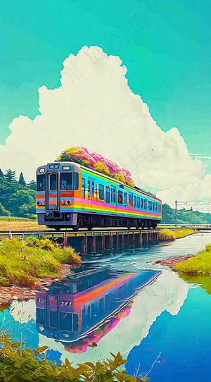 城市交通乡村铁路高铁，户外蓝天白云河边