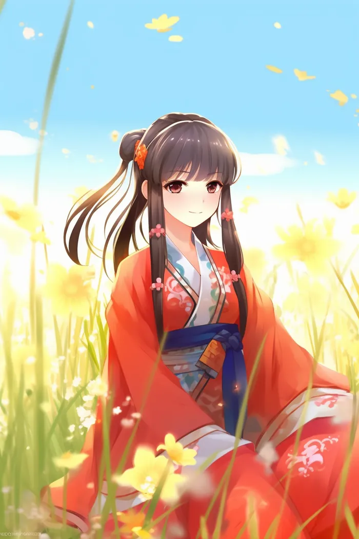 古风少女红裙子在草丛中花瓣纷飞卡通插画(x)