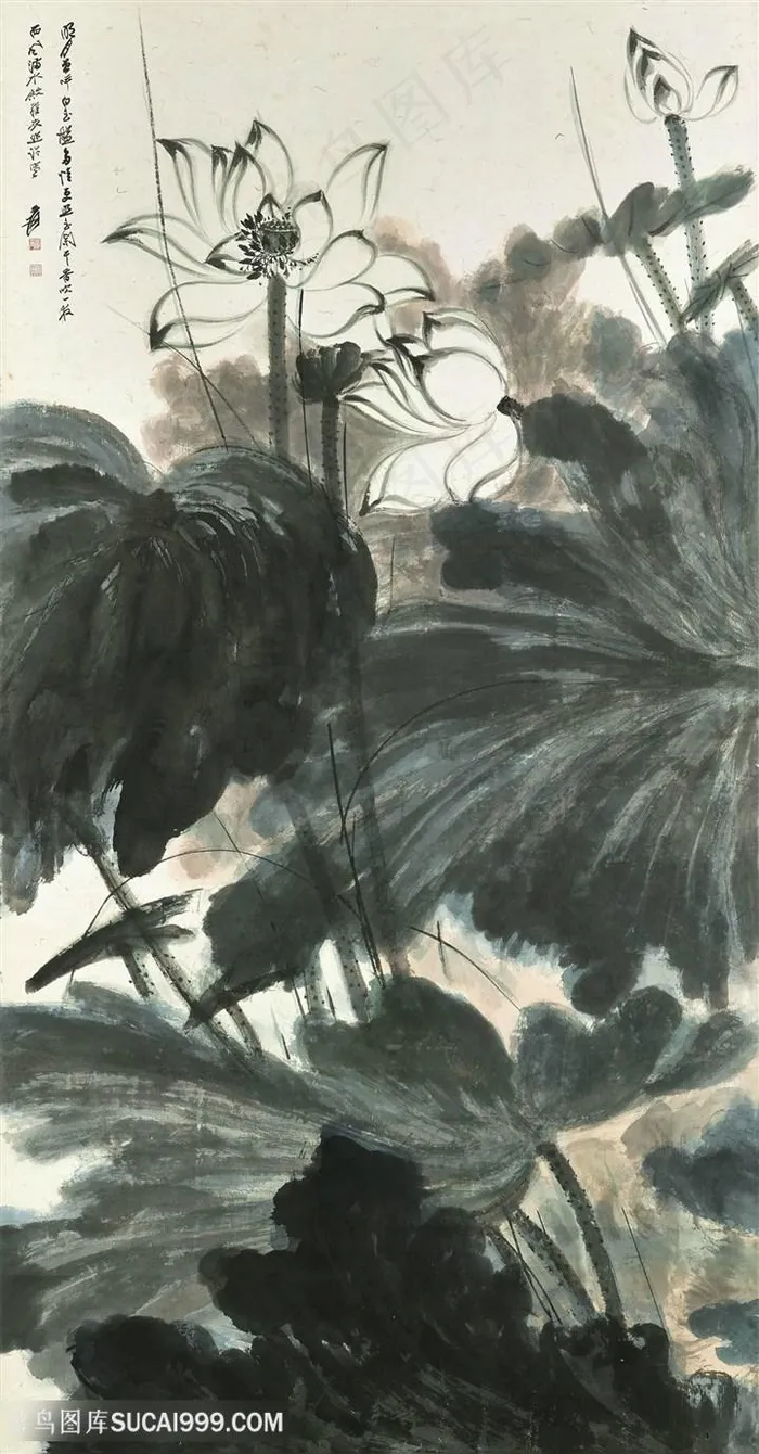 张大千水墨画水墨莲花装饰画