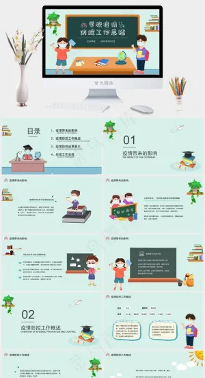 卡通学校疫情防控总结汇报PPT预览图