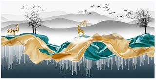 金色飘带麋鹿山水装饰画