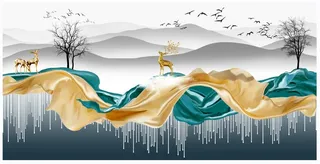 金色飘带麋鹿山水装饰画