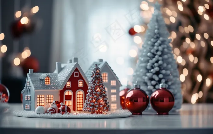 圣诞装饰白雪小房子节日摆件摄影图(4128x2592)