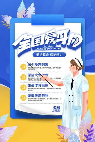 简约国际全国爱耳日保护听力健康医疗公益展板海报素材设计模板