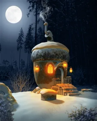夜晚的雪地上的松果屋高清图片