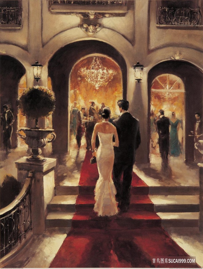 情侣红地毯建筑油画风景画