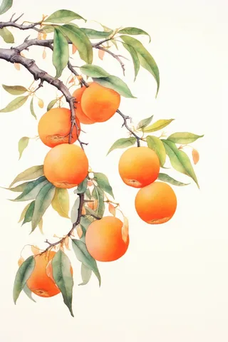 秋天树枝上挂着黄色果实水墨画水彩画素材